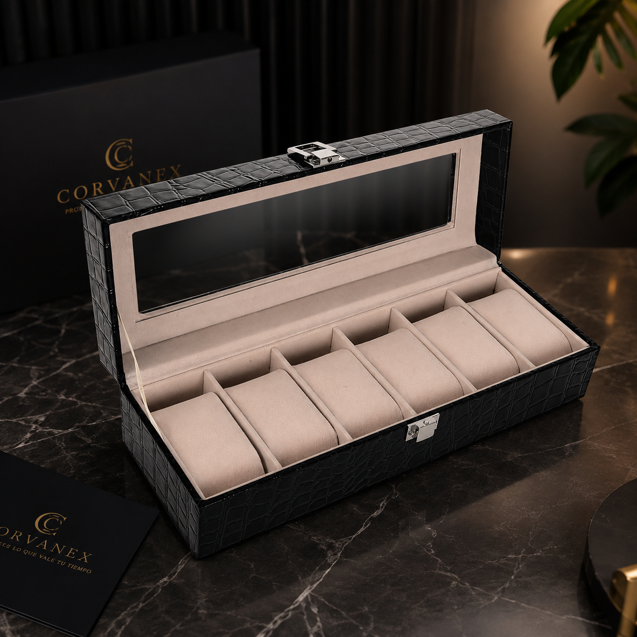Caja para 6 relojes en piel de cocodrilo
